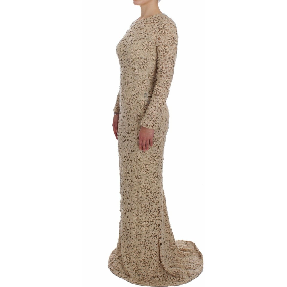 Dolce & Gabbana Beigefarbenes langärmeliges Maxikleid mit floraler Spitze