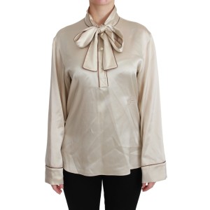 Dolce & Gabbana Elegante beigefarbene Seidensatinbluse mit QUEEN-Stickerei