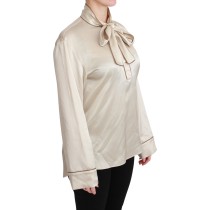 Dolce & Gabbana Elegante beigefarbene Seidensatinbluse mit QUEEN-Stickerei