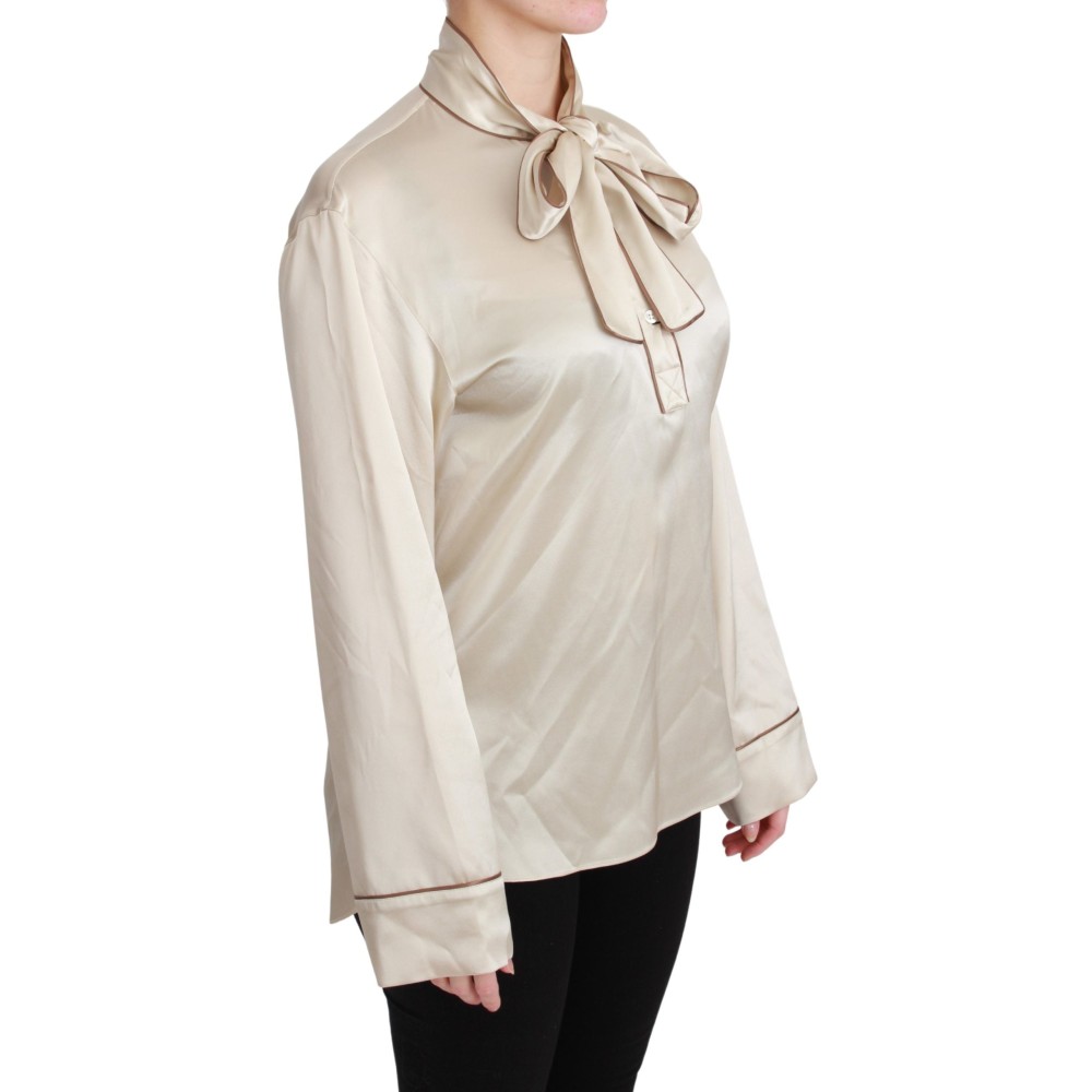 Dolce & Gabbana Elegante beigefarbene Seidensatinbluse mit QUEEN-Stickerei