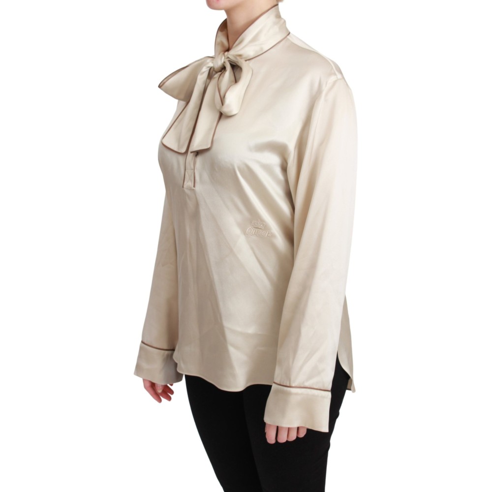 Dolce & Gabbana Elegante beigefarbene Seidensatinbluse mit QUEEN-Stickerei