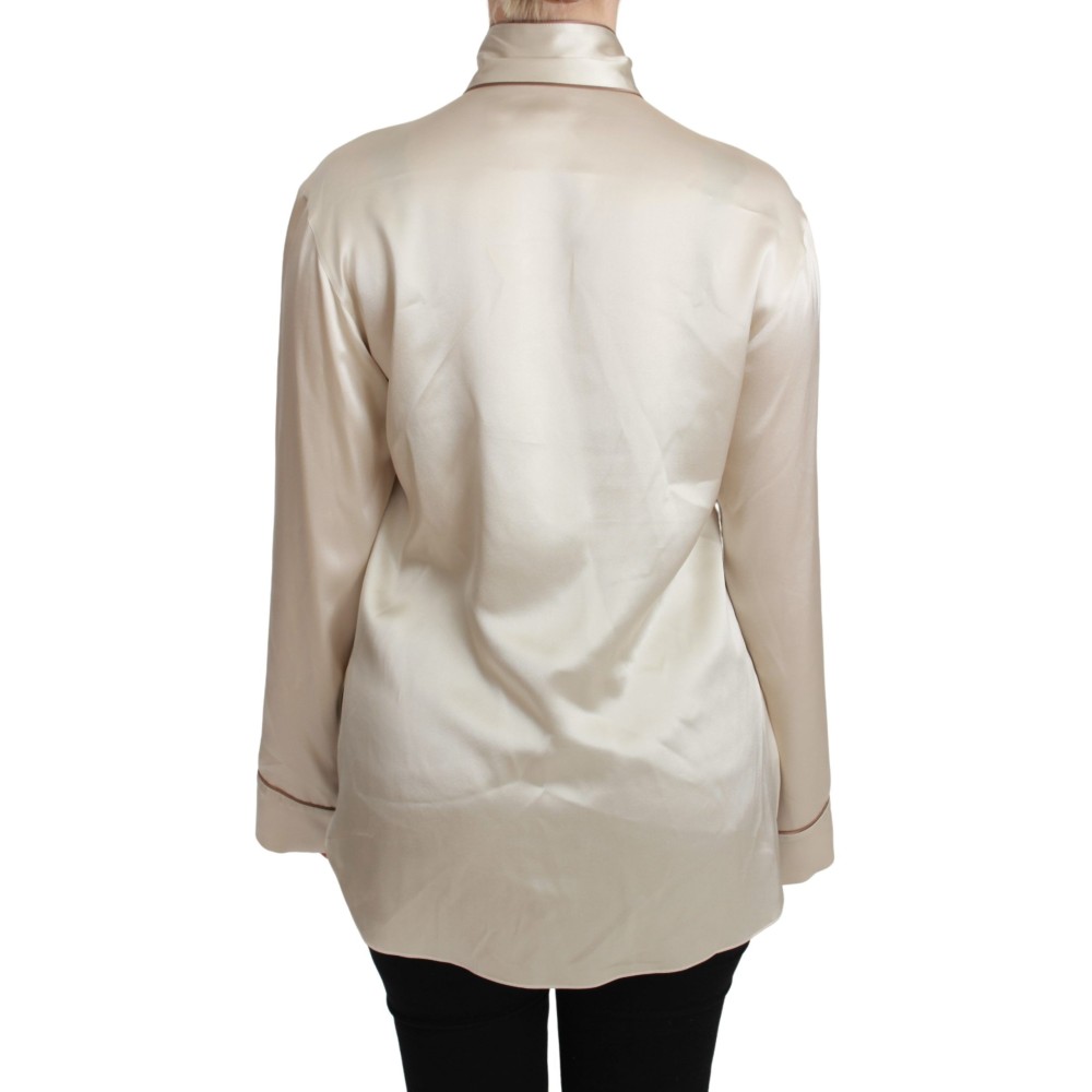 Dolce & Gabbana Elegante beigefarbene Seidensatinbluse mit QUEEN-Stickerei