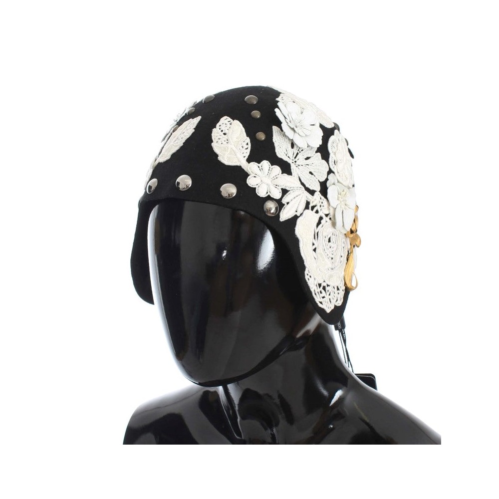 Dolce & Gabbana Eleganter Cloche-Hut aus schwarzer Wolle mit Blumenmuster