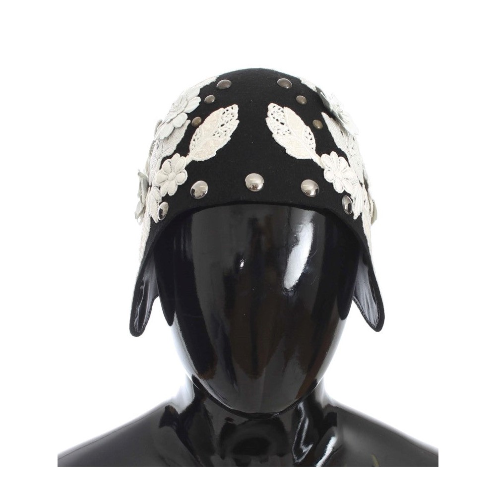 Dolce & Gabbana Eleganter Cloche-Hut aus schwarzer Wolle mit Blumenmuster