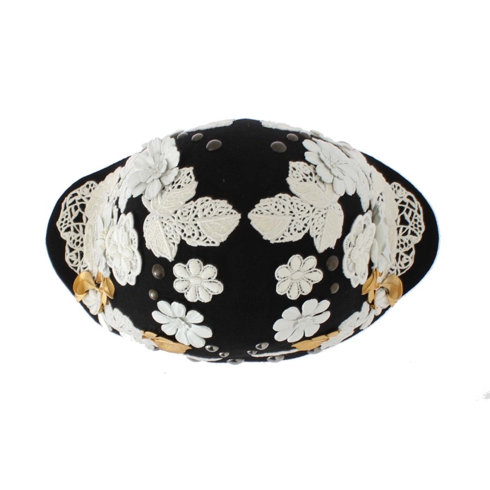 Dolce & Gabbana Eleganter Cloche-Hut aus schwarzer Wolle mit Blumenmuster