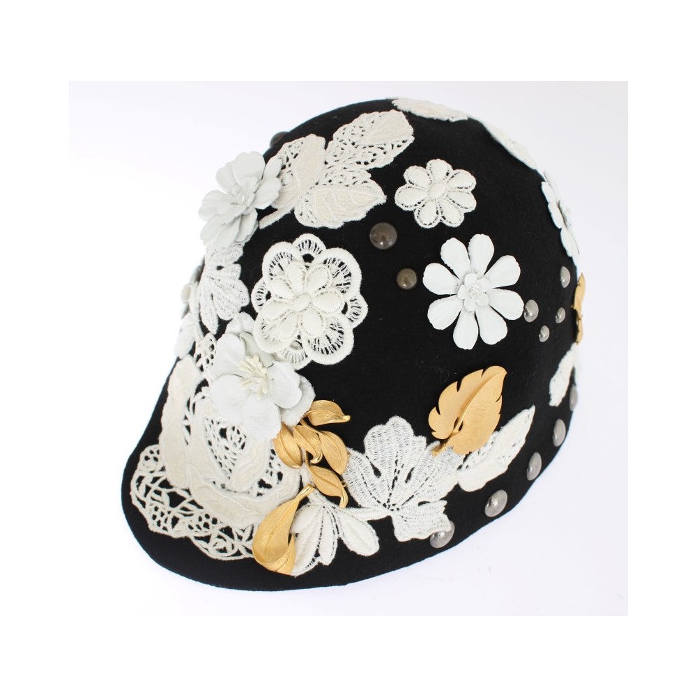 Dolce & Gabbana Eleganter Cloche-Hut aus schwarzer Wolle mit Blumenmuster