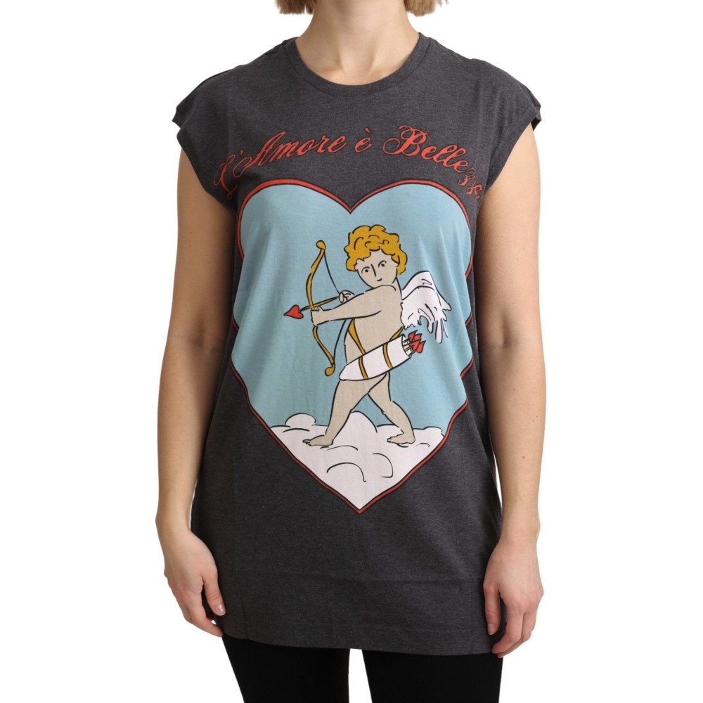 Dolce & Gabbana Elegantes graues Baumwoll-Cap Sleeve Tee