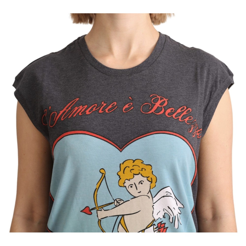Dolce & Gabbana Elegantes graues Baumwoll-Cap Sleeve Tee