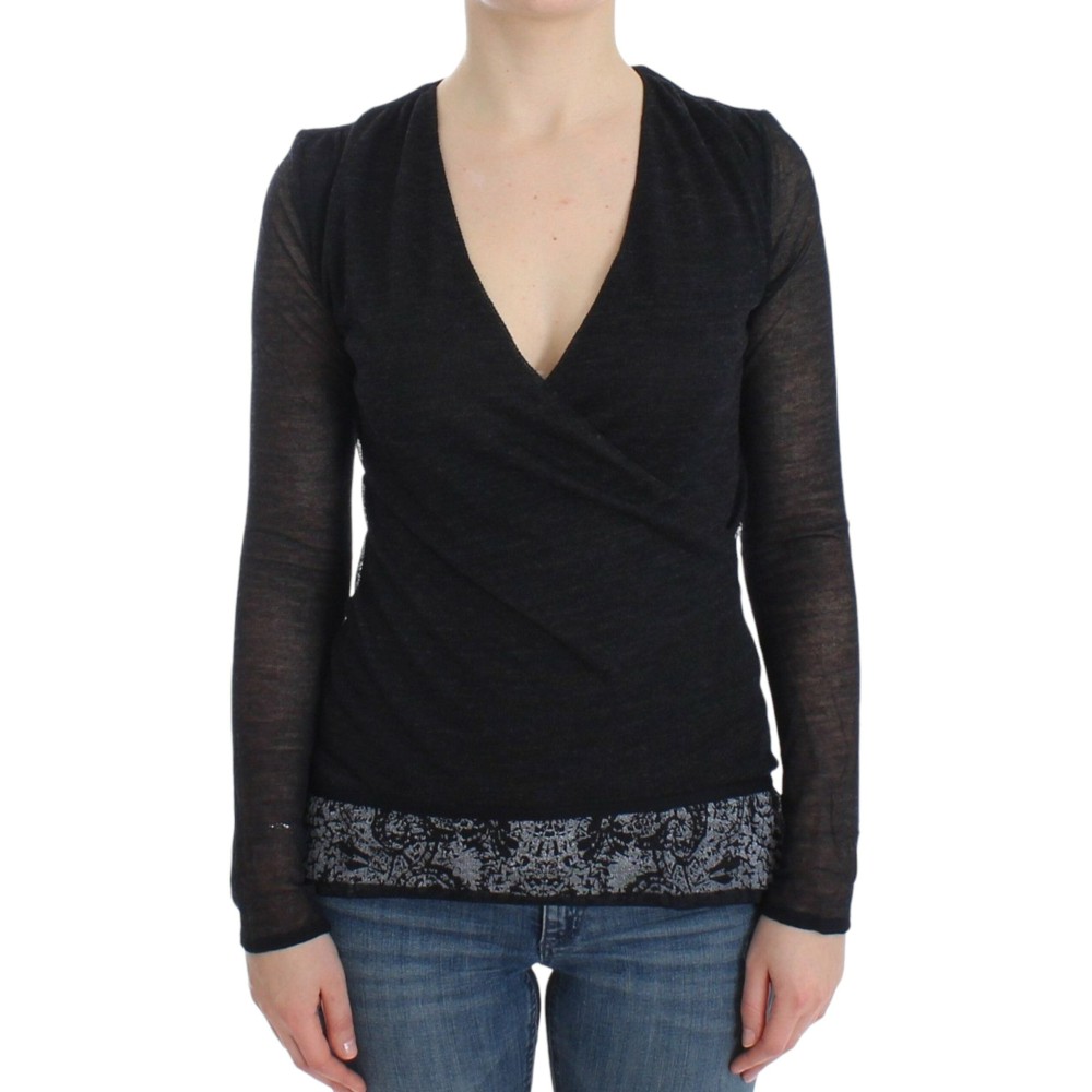 Ermanno Scervino Schwarzer Pullover mit tiefem V-Ausschnitt aus einer Wollmischung