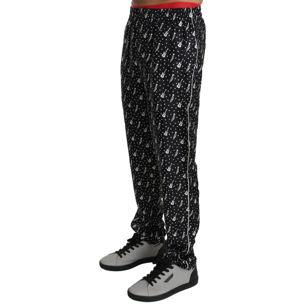 Dolce & Gabbana Elegante schwarze Seidenhose mit Musikinstrumentenaufdruck