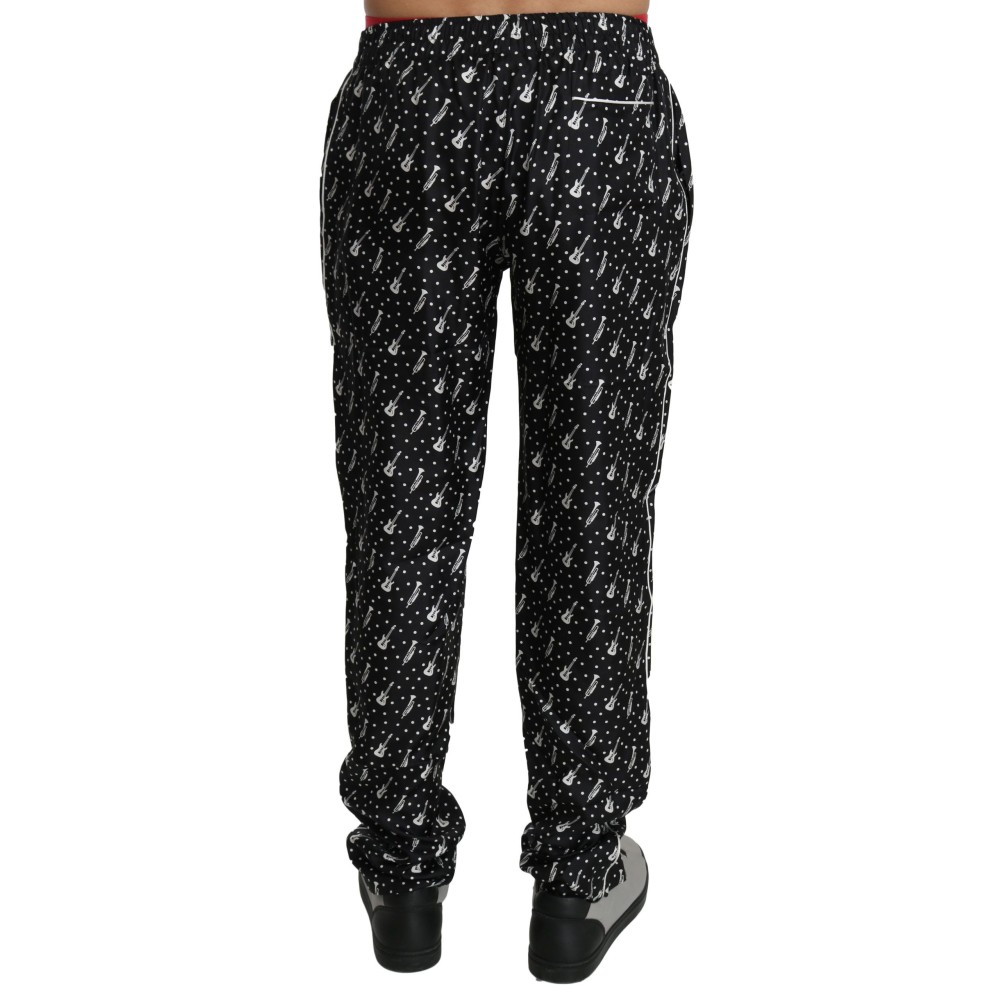 Dolce & Gabbana Elegante schwarze Seidenhose mit Musikinstrumentenaufdruck