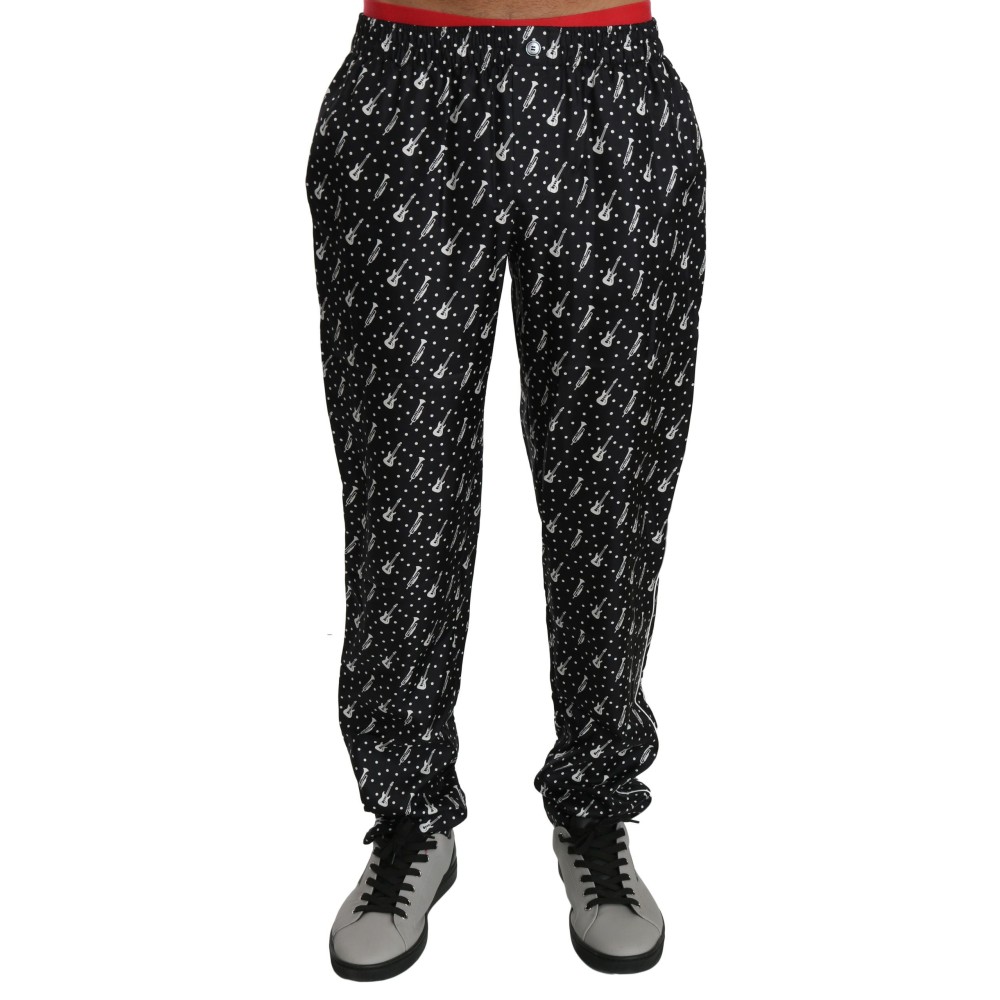Dolce & Gabbana Elegante schwarze Seidenhose mit Musikinstrumentenaufdruck