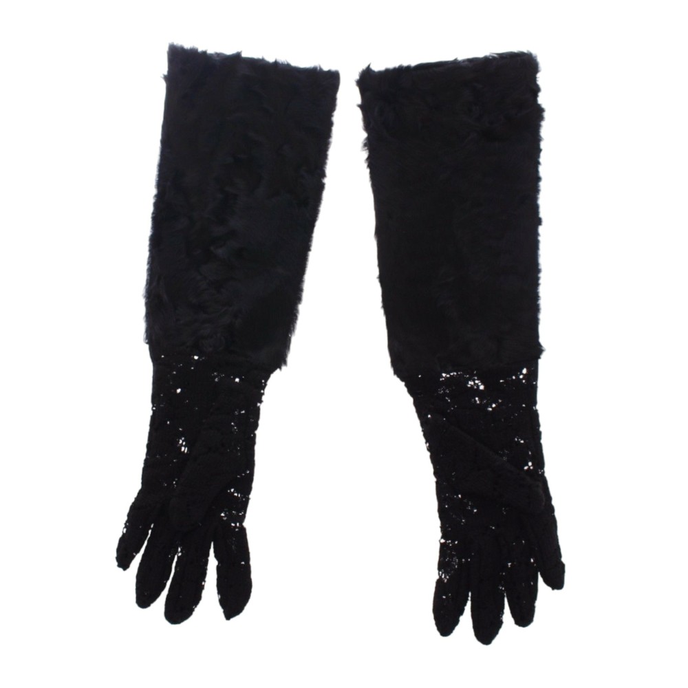 Dolce & Gabbana Schwarze Wollspitzen & Lammfell Ellenbogenhandschuhe