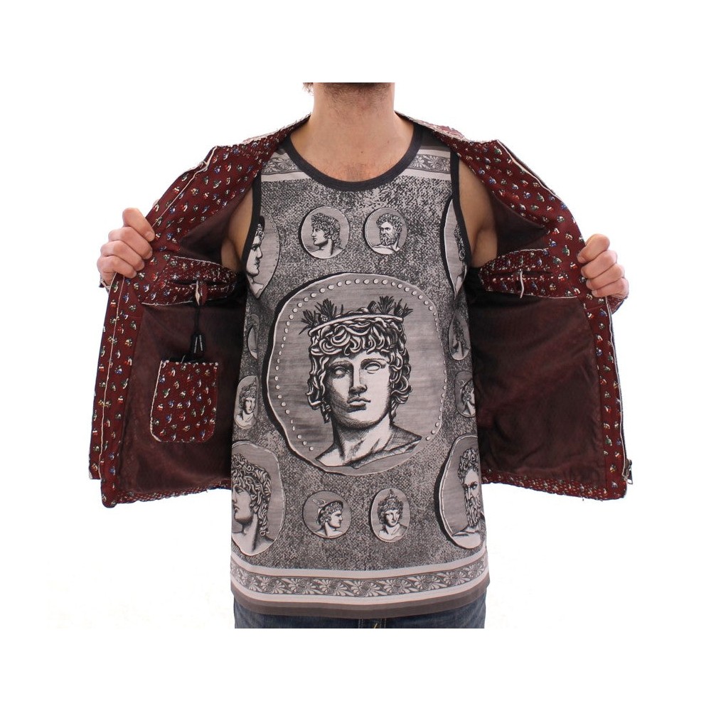 Dolce & Gabbana Exklusive Boxer Print Bordeaux Lederjacke