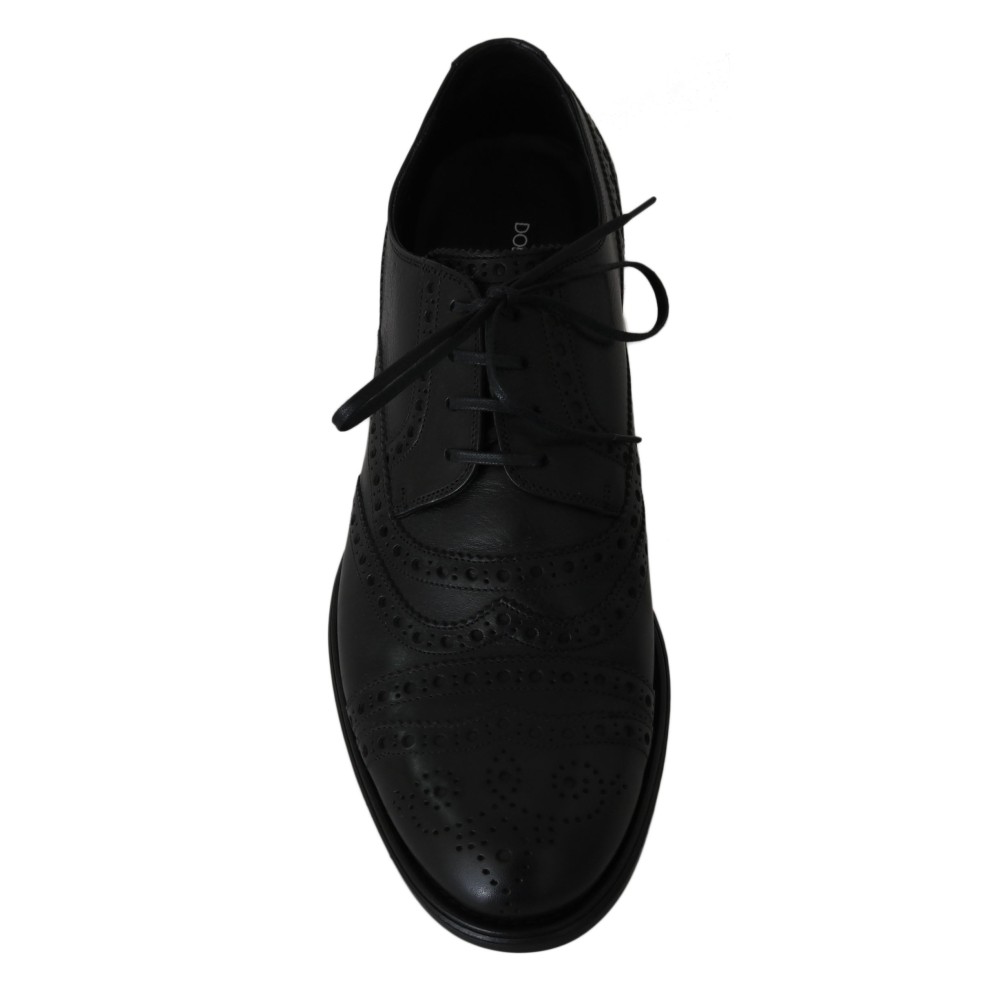Dolce & Gabbana Elegante Schwarze Leder Derby Wingtip Dress Schuhe