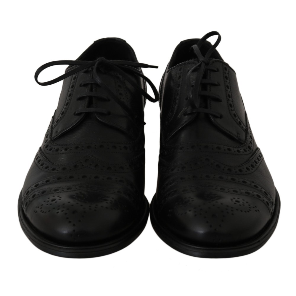 Dolce & Gabbana Elegante Schwarze Leder Derby Wingtip Dress Schuhe