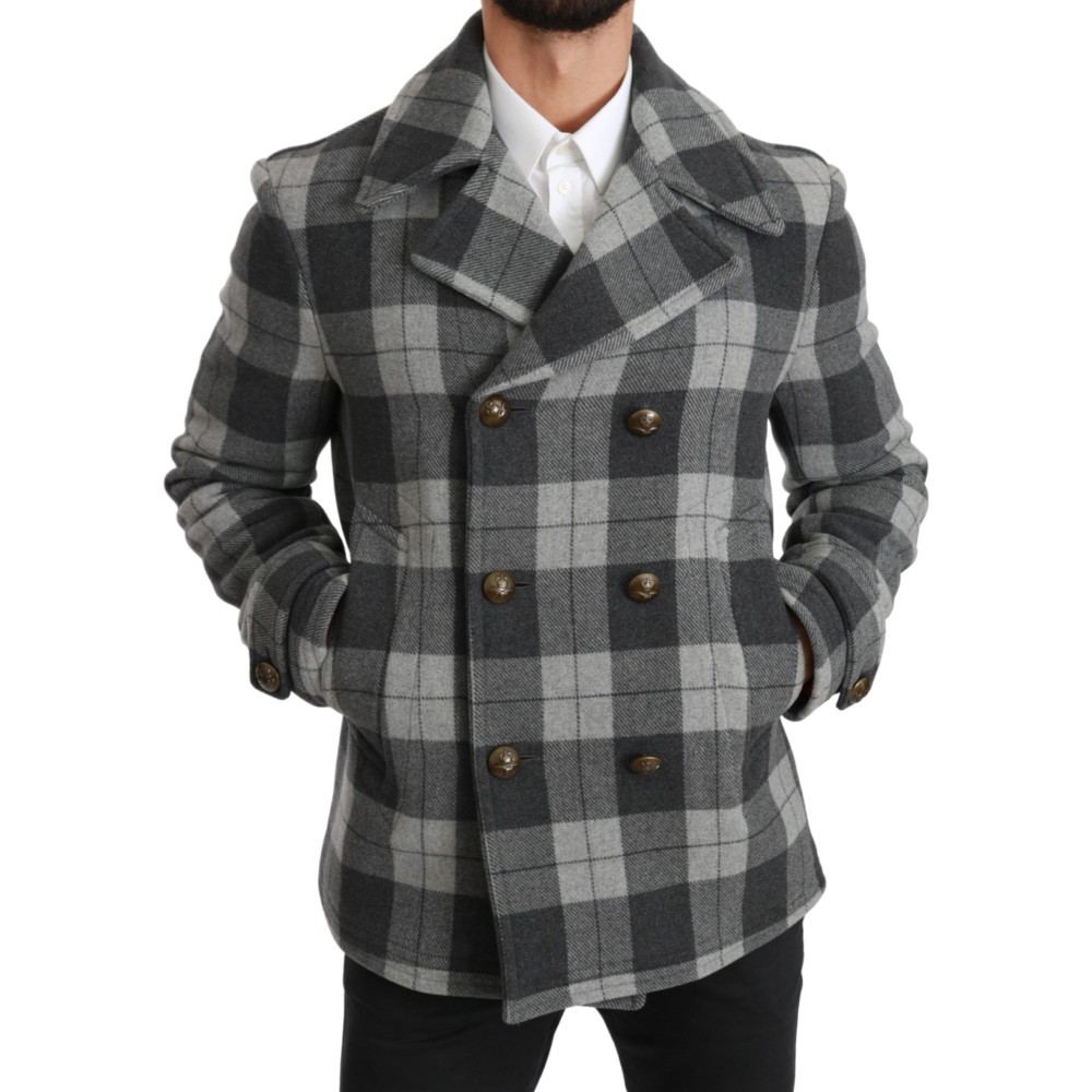Dolce & Gabbana Eleganter grauer karierter Zweireiher-Mantel