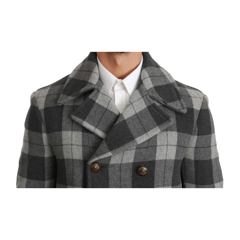 Dolce & Gabbana Eleganter grauer karierter Zweireiher-Mantel