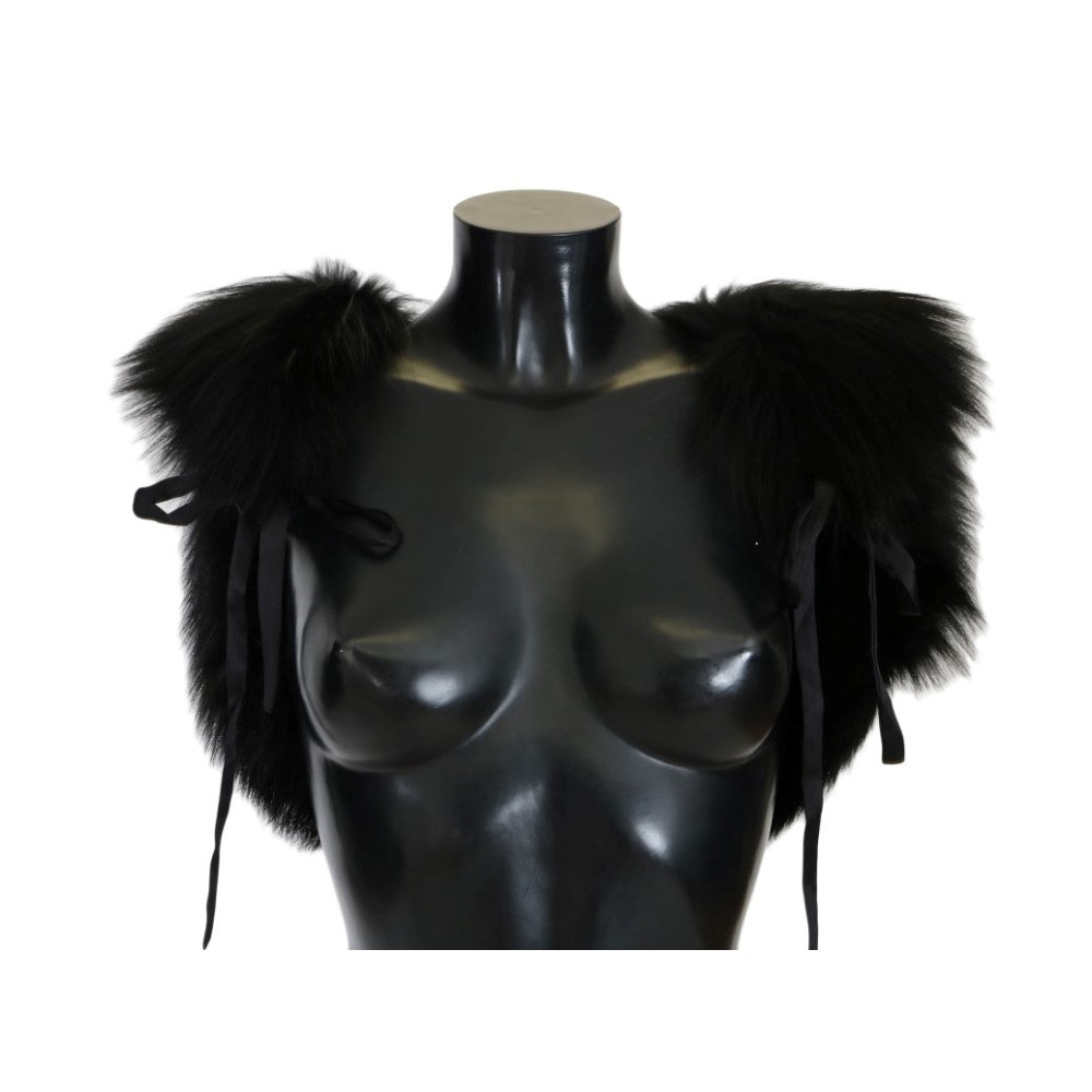 Dolce & Gabbana Eleganter Schwarz-Silber-Fuchsfell-Schal