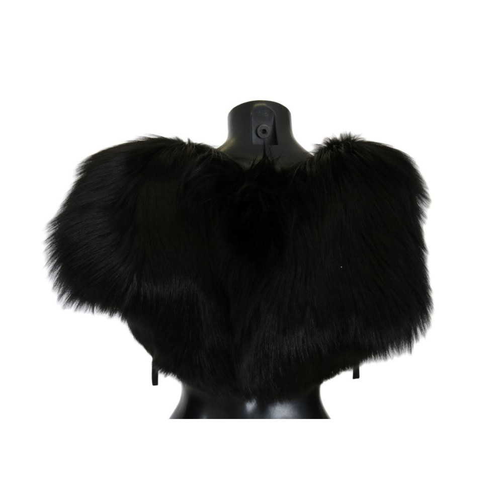 Dolce & Gabbana Eleganter Schwarz-Silber-Fuchsfell-Schal