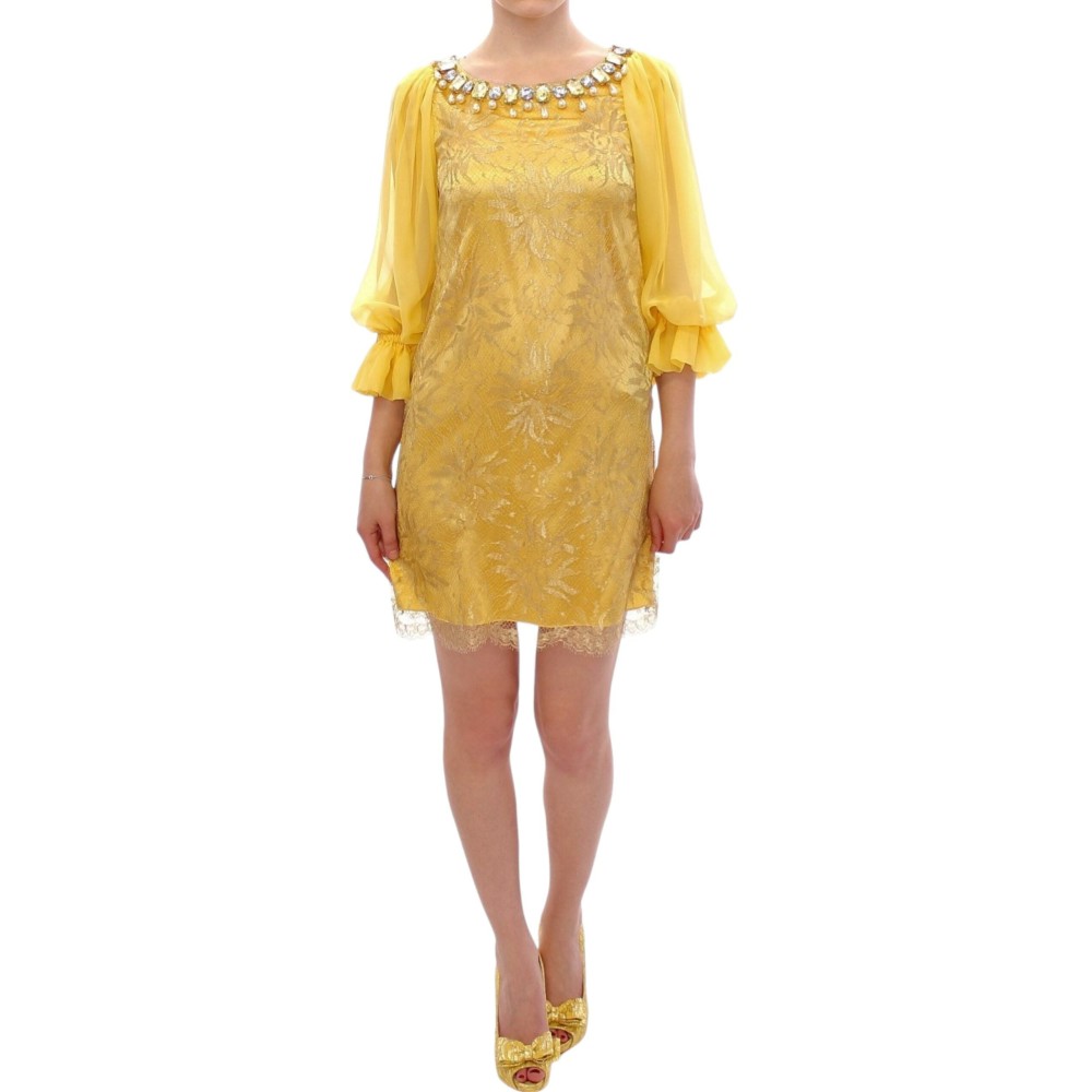 Dolce & Gabbana Gelbes Minikleid aus Spitze mit Kristallverzierung