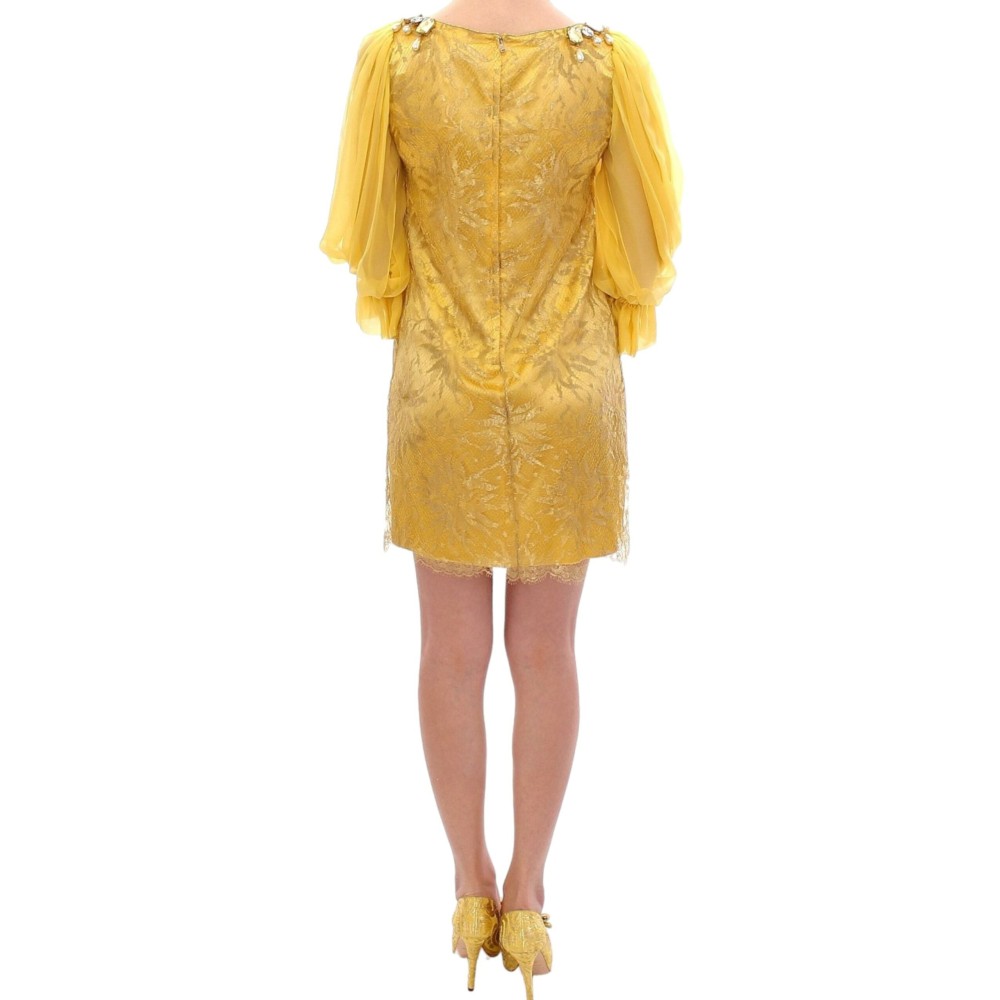 Dolce & Gabbana Gelbes Minikleid aus Spitze mit Kristallverzierung