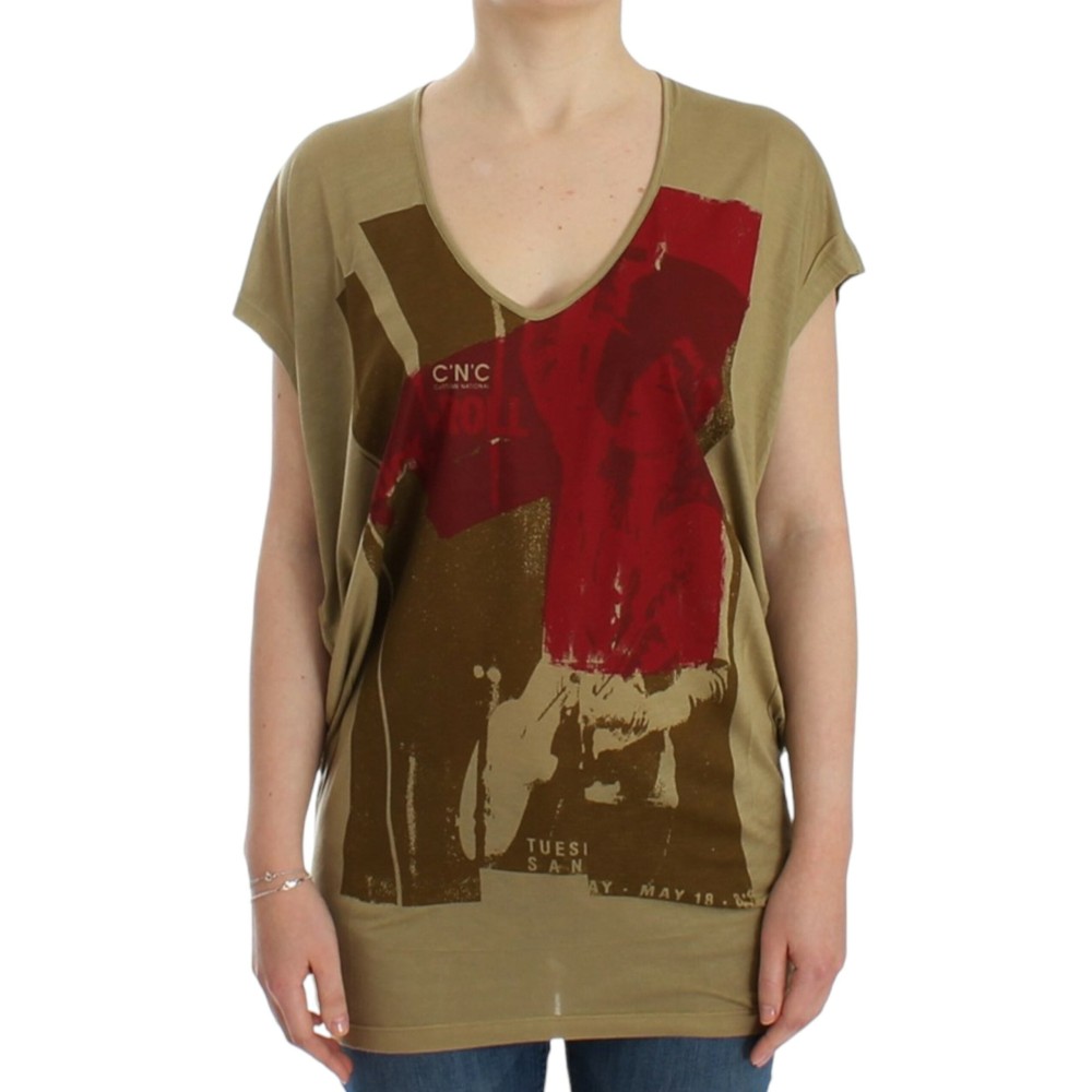 Costume National Schickes grünes Multicolor Print V-Ausschnitt Tee