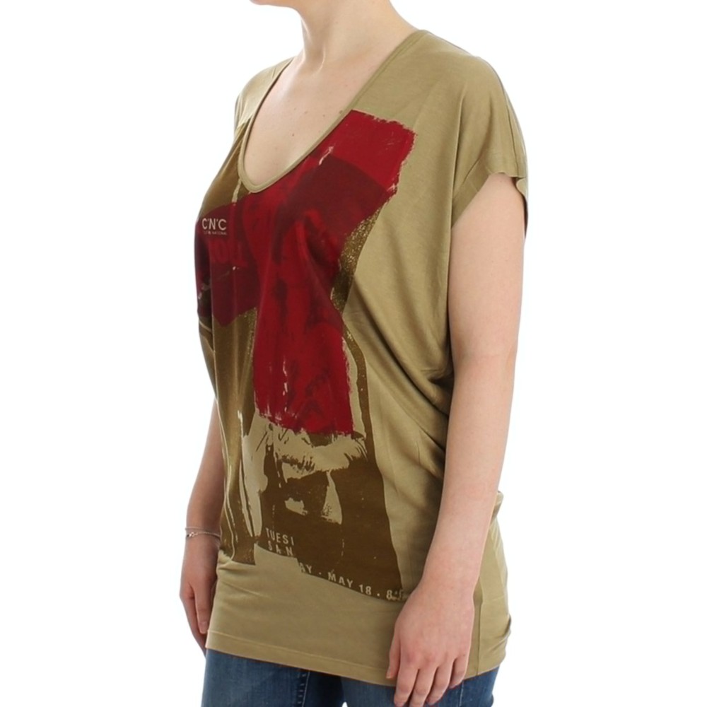 Costume National Schickes grünes Multicolor Print V-Ausschnitt Tee