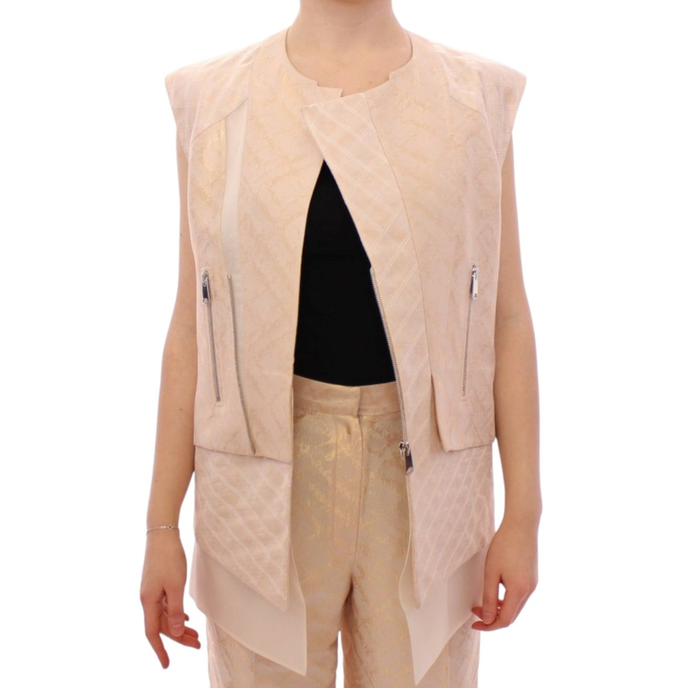 Zeyneptosun Exquisite Beige Brokat ärmellose Jacke Weste