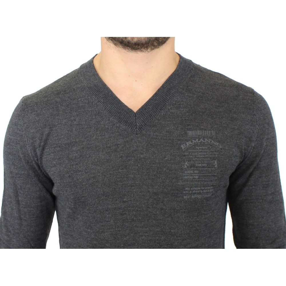 Ermanno Scervino Schicker grauer Pullover mit V-Ausschnitt aus Wollmischung