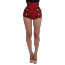 Dolce & Gabbana Glamouröse Shorts mit floraler Seidenstickerei in Rot