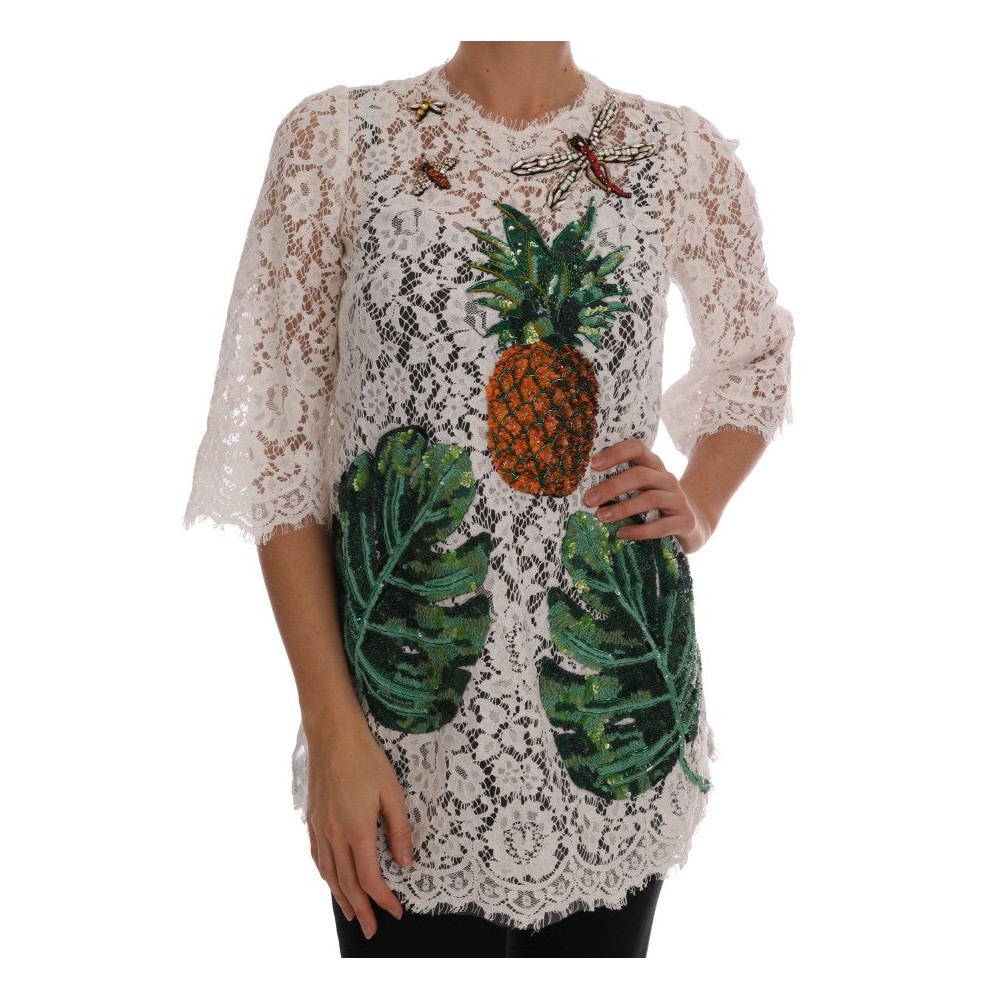 Dolce & Gabbana Elegante weiße Mini-Bluse mit Spitzenverzierung
