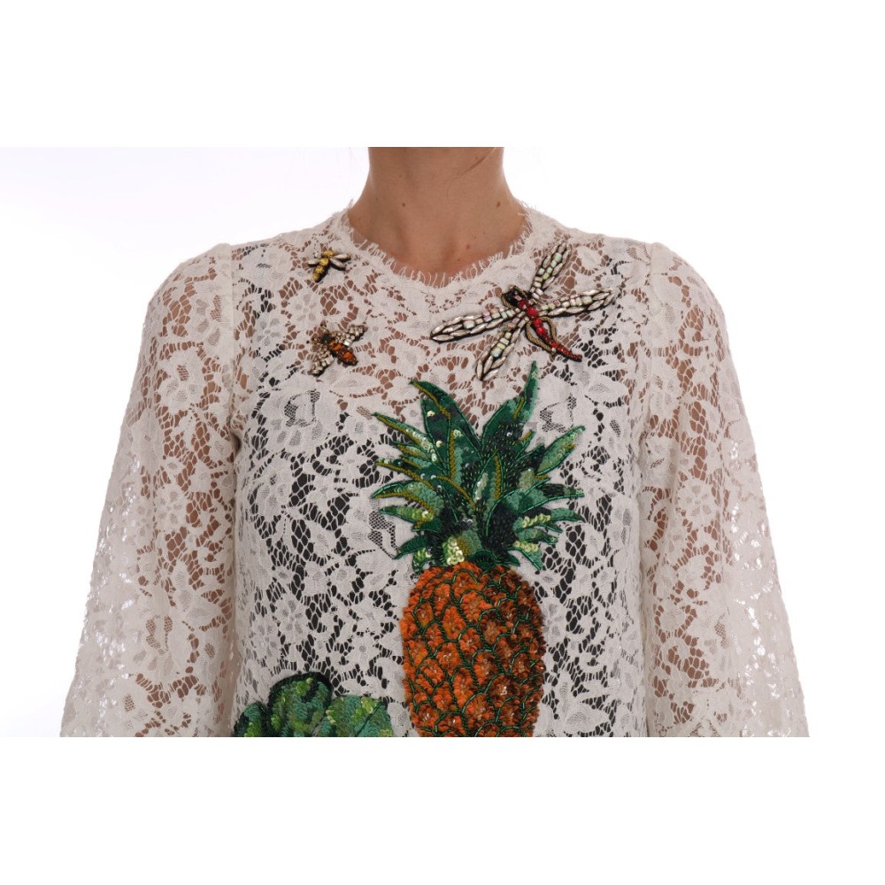 Dolce & Gabbana Elegante weiße Mini-Bluse mit Spitzenverzierung