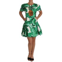 Dolce & Gabbana Elegantes grünes Kleid mit Bananenblattdruck in A-Linie