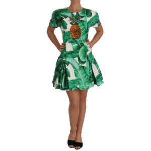 Dolce & Gabbana Elegantes grünes Kleid mit Bananenblattdruck in A-Linie