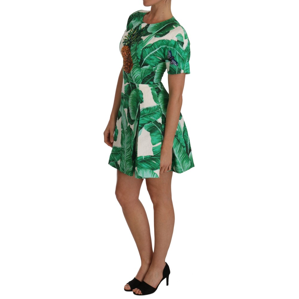 Dolce & Gabbana Elegantes grünes Kleid mit Bananenblattdruck in A-Linie