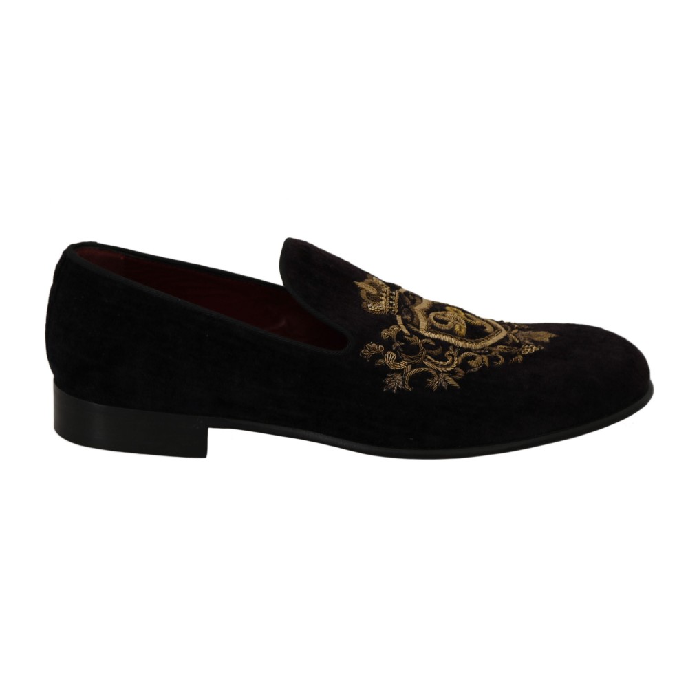 Dolce & Gabbana Elegante schwarze Loafers mit Goldkronen-Stickerei