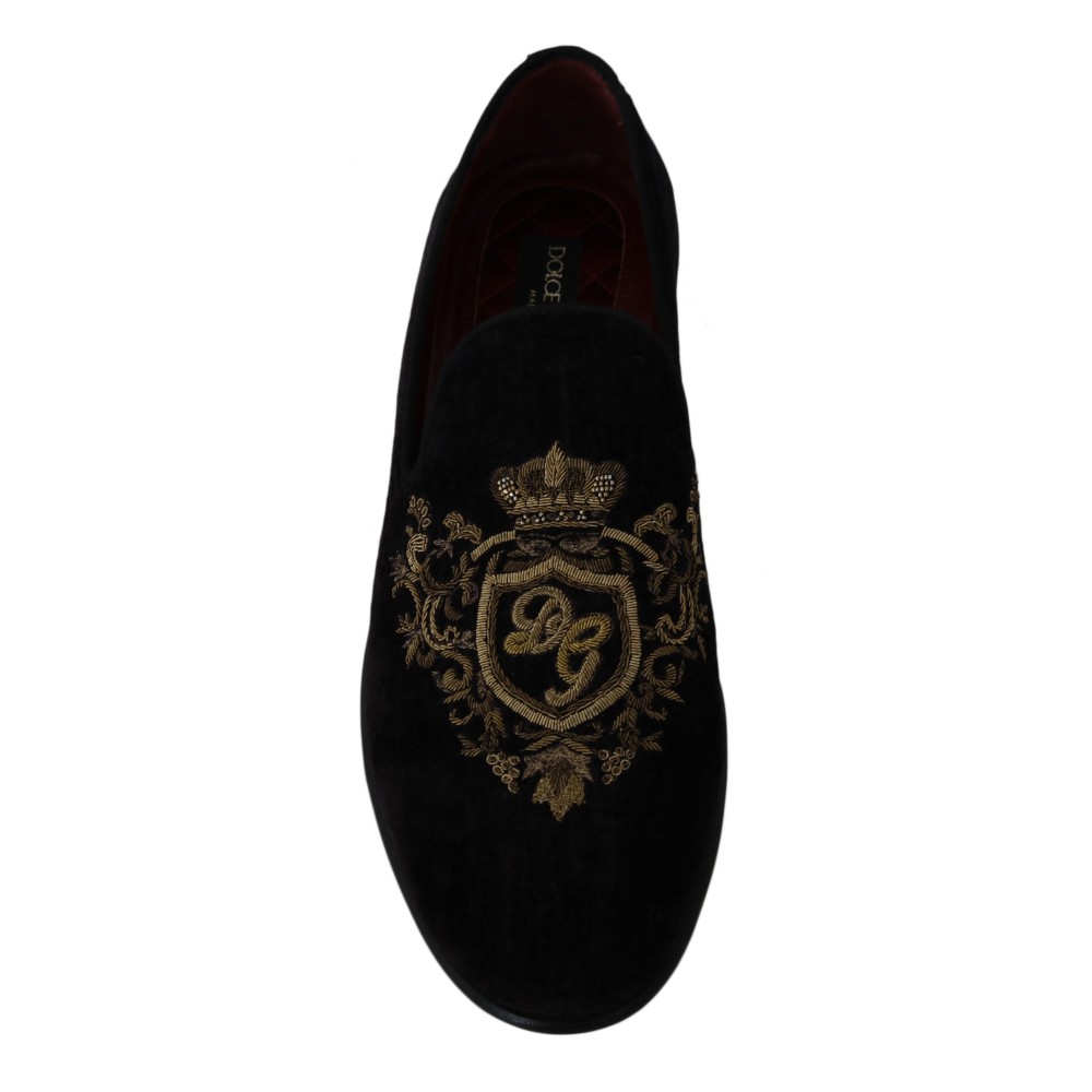 Dolce & Gabbana Elegante schwarze Loafers mit Goldkronen-Stickerei