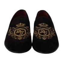 Dolce & Gabbana Elegante schwarze Loafers mit Goldkronen-Stickerei