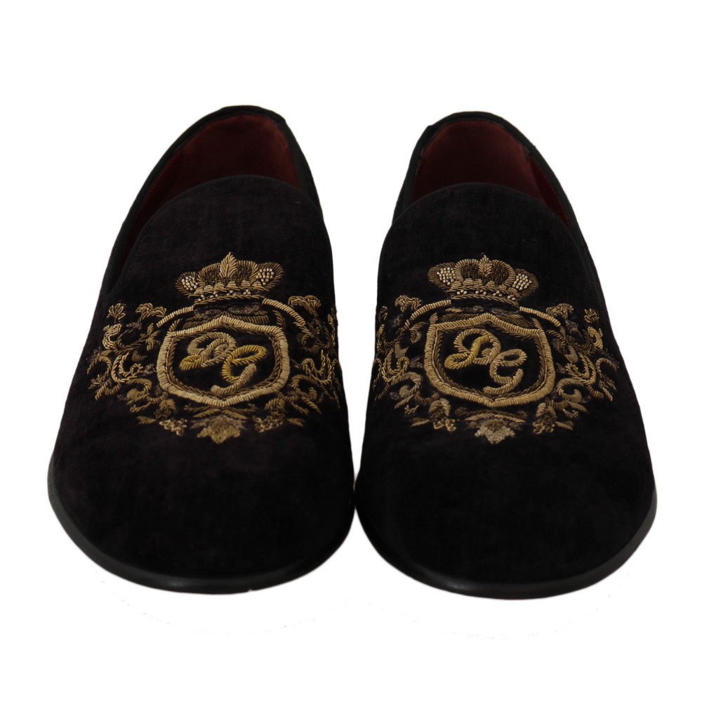 Dolce & Gabbana Elegante schwarze Loafers mit Goldkronen-Stickerei