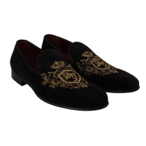 Dolce & Gabbana Elegante schwarze Loafers mit Goldkronen-Stickerei