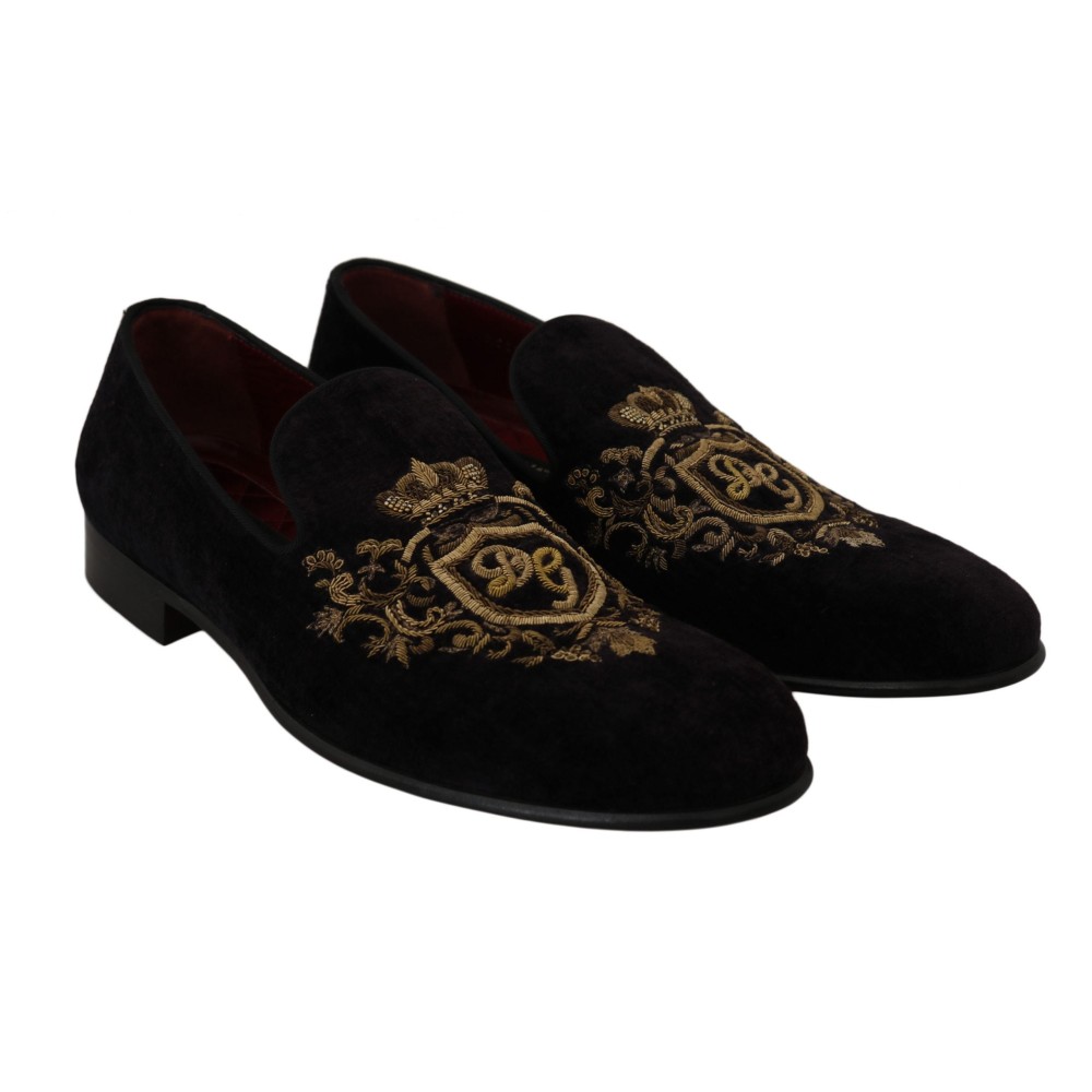 Dolce & Gabbana Elegante schwarze Loafers mit Goldkronen-Stickerei