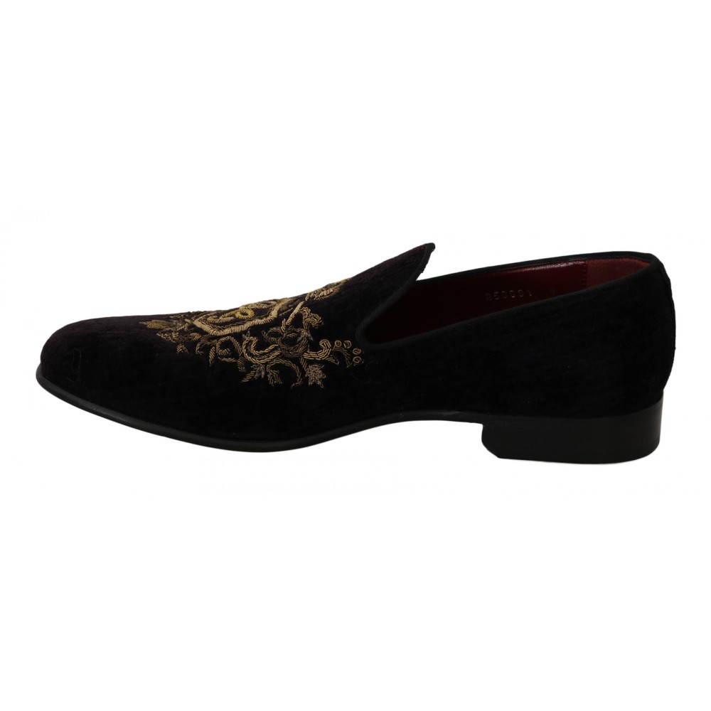 Dolce & Gabbana Elegante schwarze Loafers mit Goldkronen-Stickerei