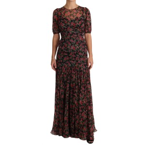 Dolce & Gabbana Elegantes Schwarzes Seidenblumen-A-Linien-Kleid