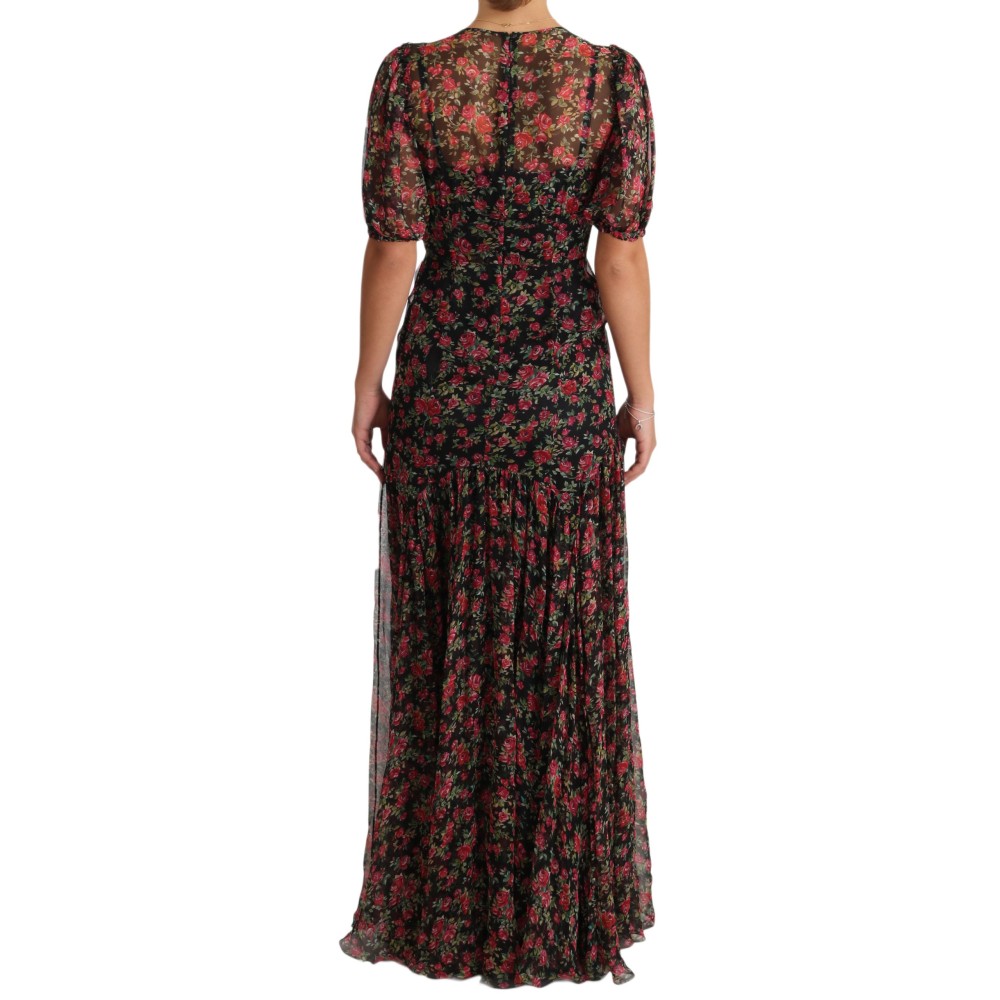Dolce & Gabbana Elegantes Schwarzes Seidenblumen-A-Linien-Kleid