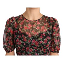 Dolce & Gabbana Elegantes Schwarzes Seidenblumen-A-Linien-Kleid