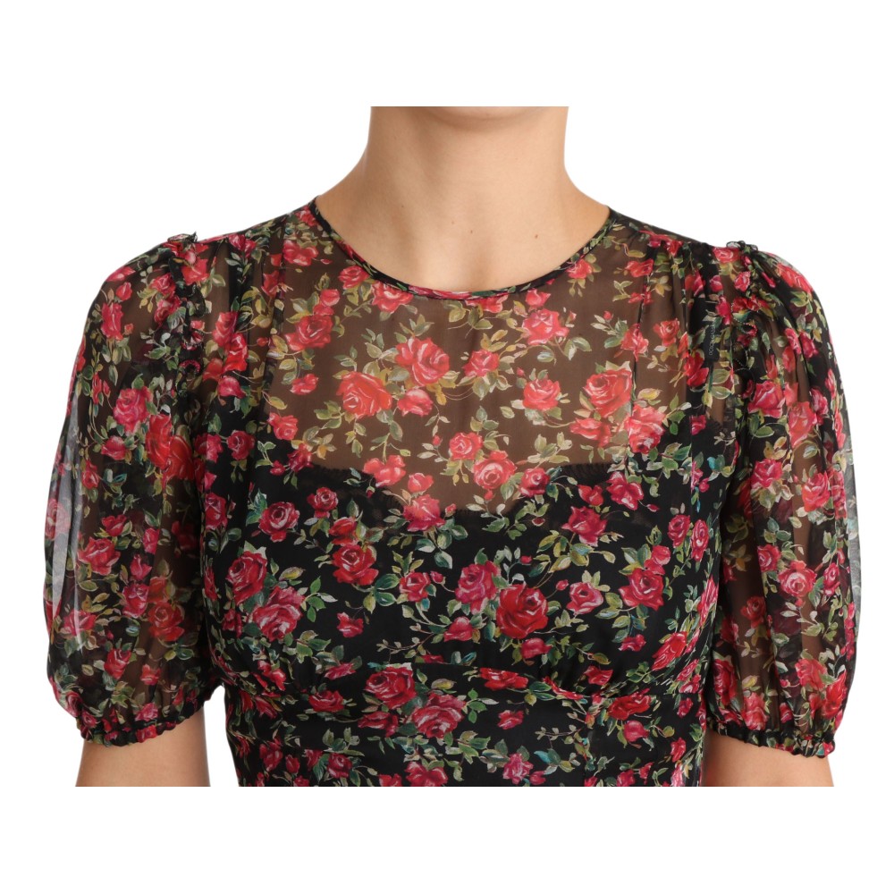 Dolce & Gabbana Elegantes Schwarzes Seidenblumen-A-Linien-Kleid
