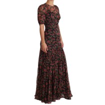 Dolce & Gabbana Elegantes Schwarzes Seidenblumen-A-Linien-Kleid