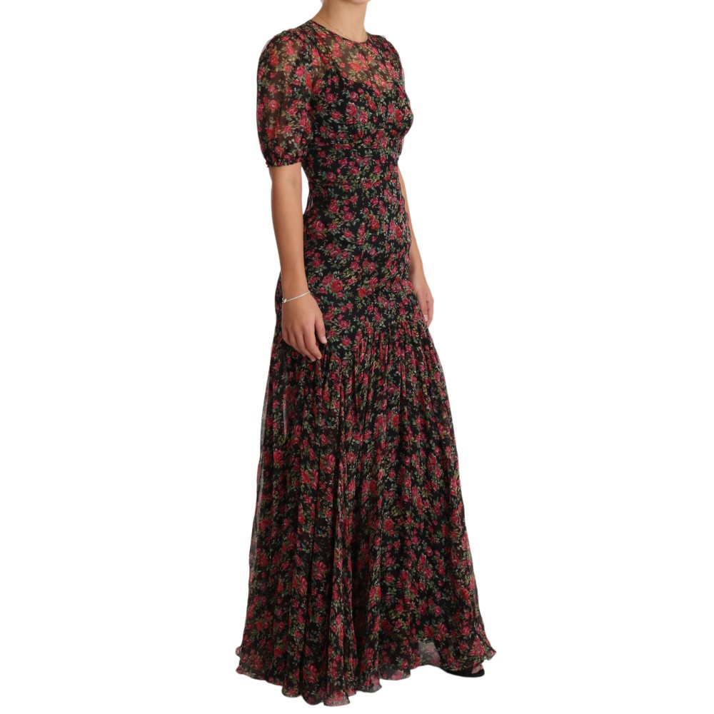 Dolce & Gabbana Elegantes Schwarzes Seidenblumen-A-Linien-Kleid
