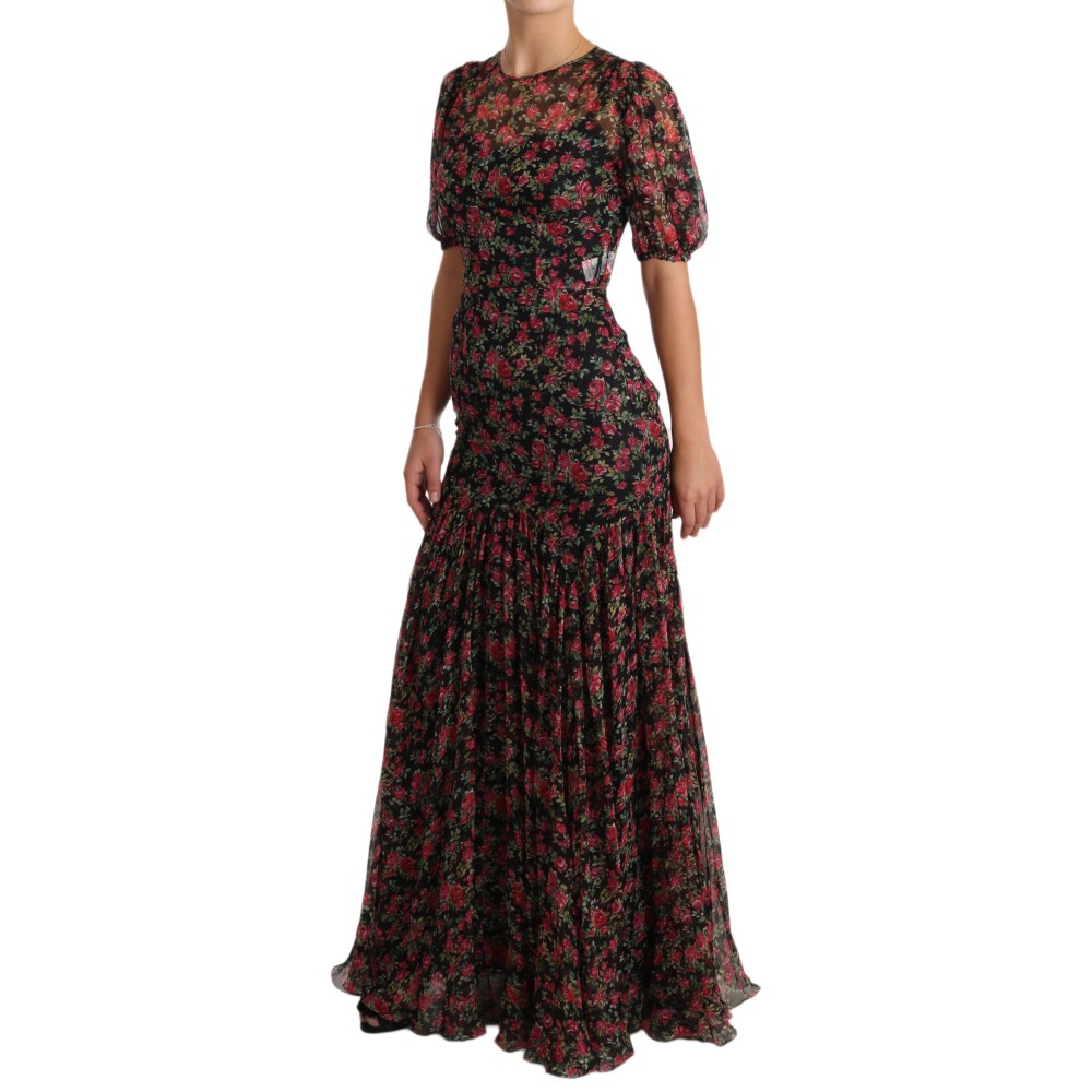 Dolce & Gabbana Elegantes Schwarzes Seidenblumen-A-Linien-Kleid